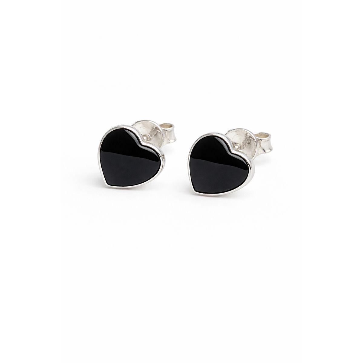 JIREH JOYAS - Aros Ónix Corazón Plata 950 Tornillo Mariposa Mujer Elegantes Piedra Negra