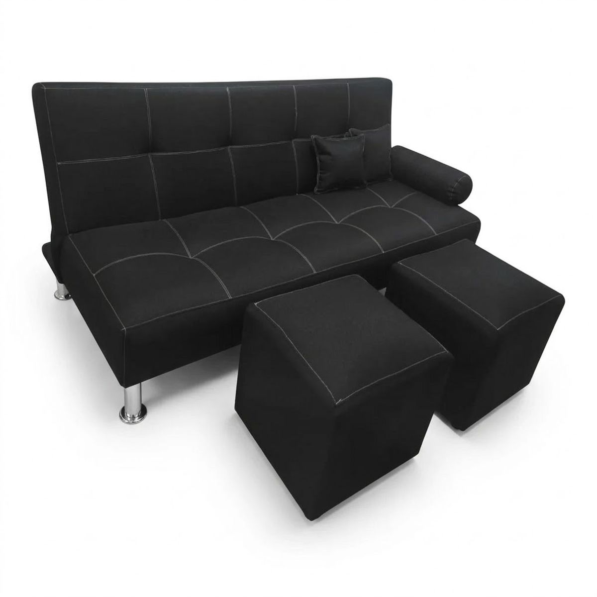 GENERICO - Sofá Cama 3 Cuerpos Loop + Set 2 Puffs y 2 Cojines - Negro con Costuras Blancas