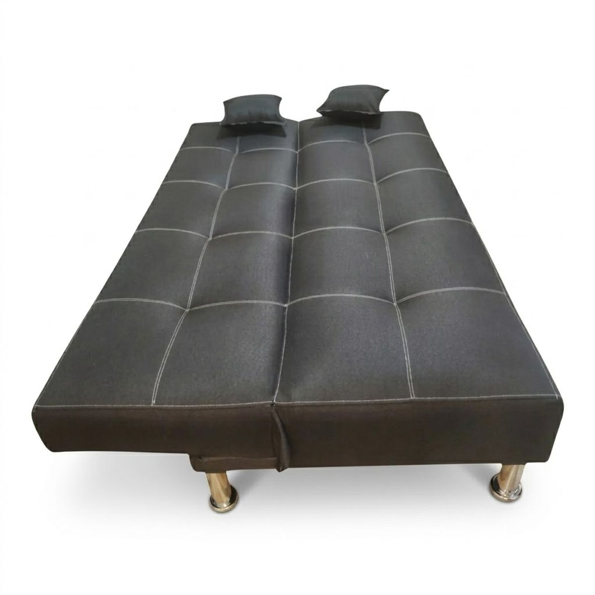 GENERICO - Sofá Cama 3 Cuerpos Loop + Set 2 Puffs y 2 Cojines - Negro con Costuras Blancas