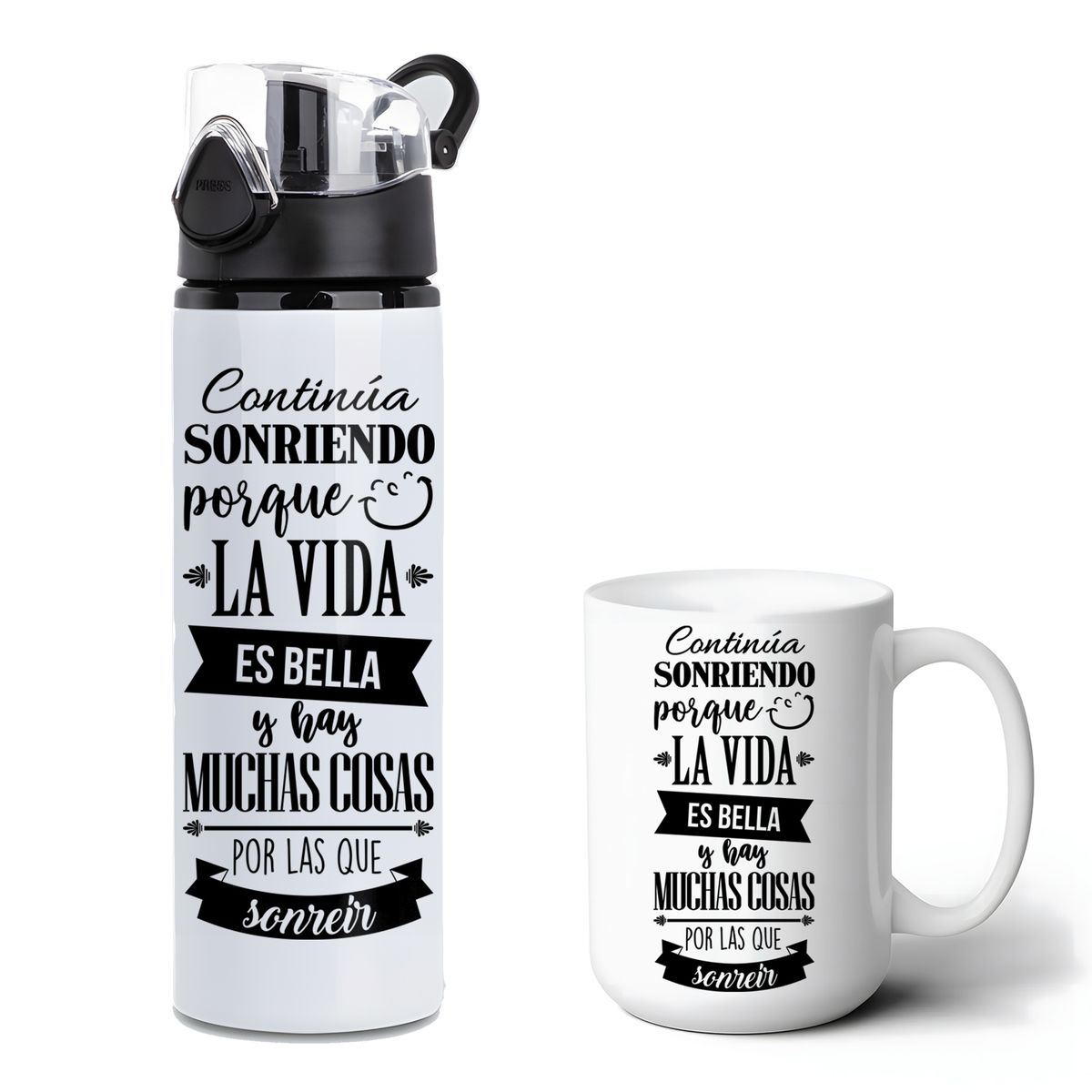 SM - Pack Regalo Motivacional Tazón 15oz + Botella 750ml  Frase Positiva Sonríe Vida