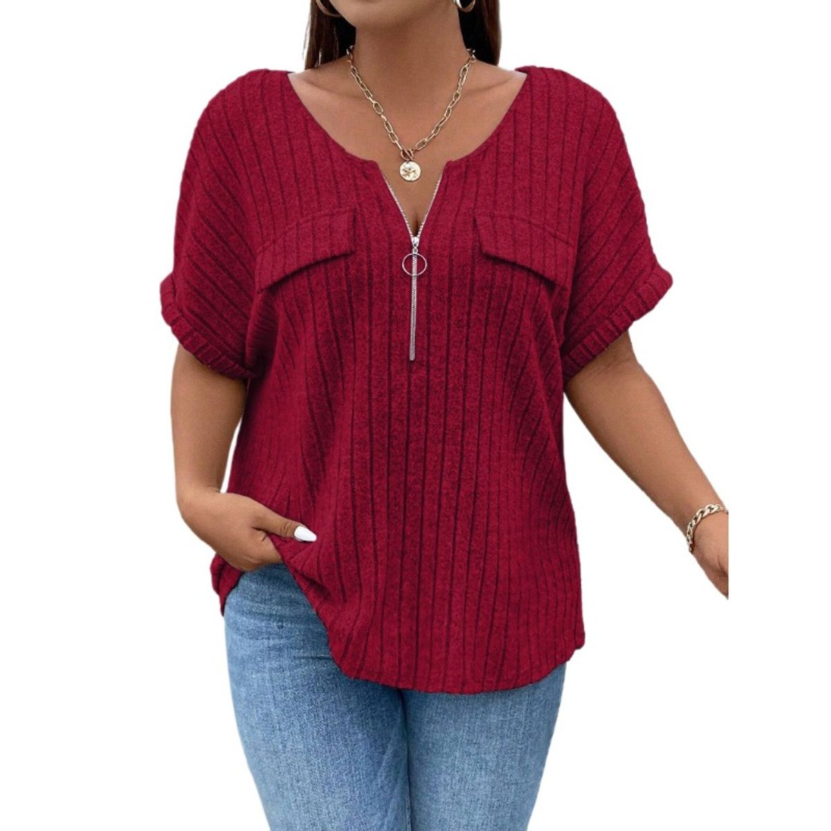 TIOZONEY - Blusa de manga corta con cierre de cremallera