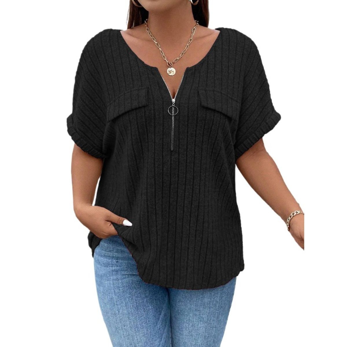 TIOZONEY - Blusa de manga corta con cierre de cremallera
