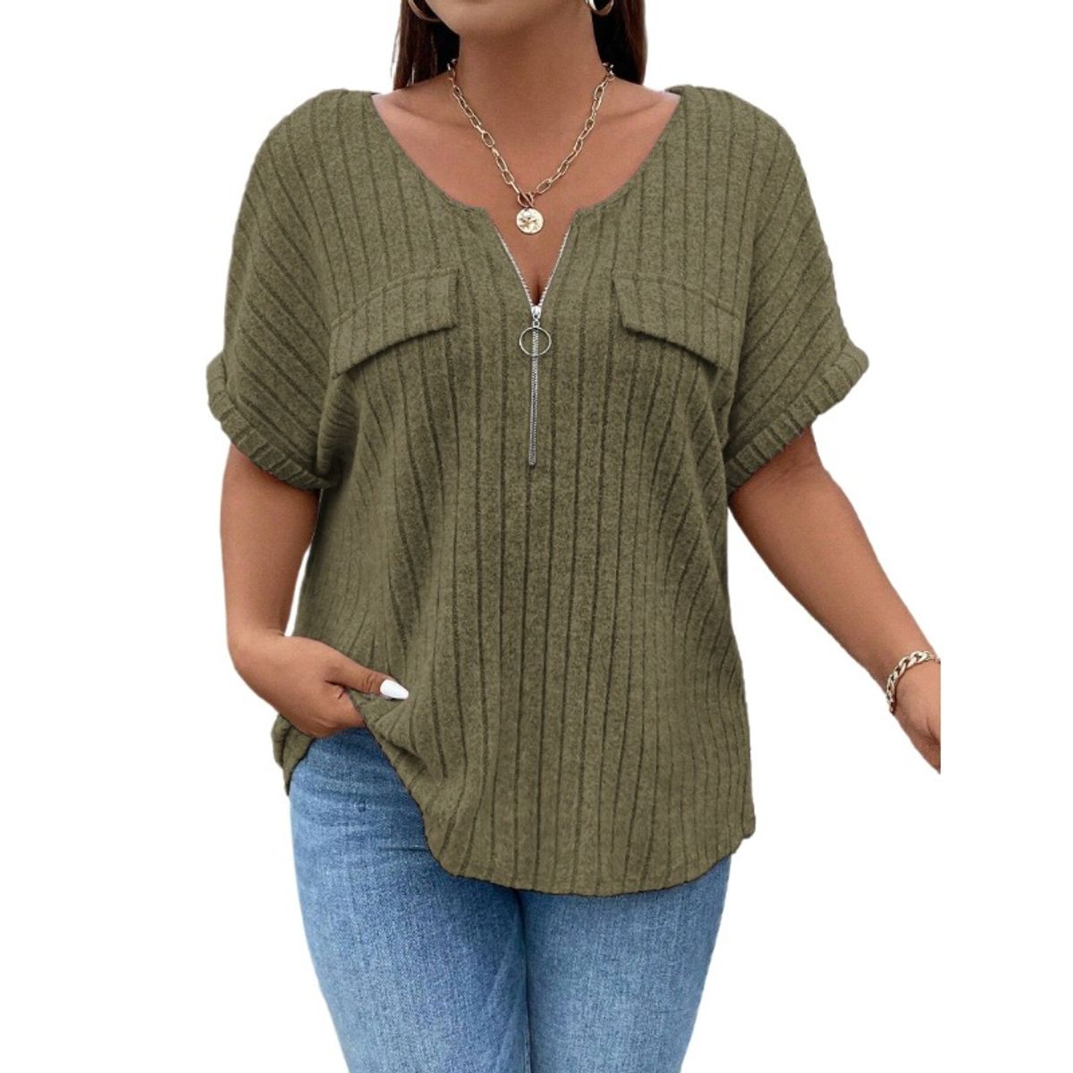 TIOZONEY - Blusa de manga corta con cierre de cremallera