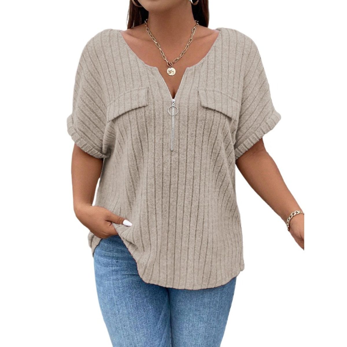 TIOZONEY - Blusa de manga corta con cierre de cremallera
