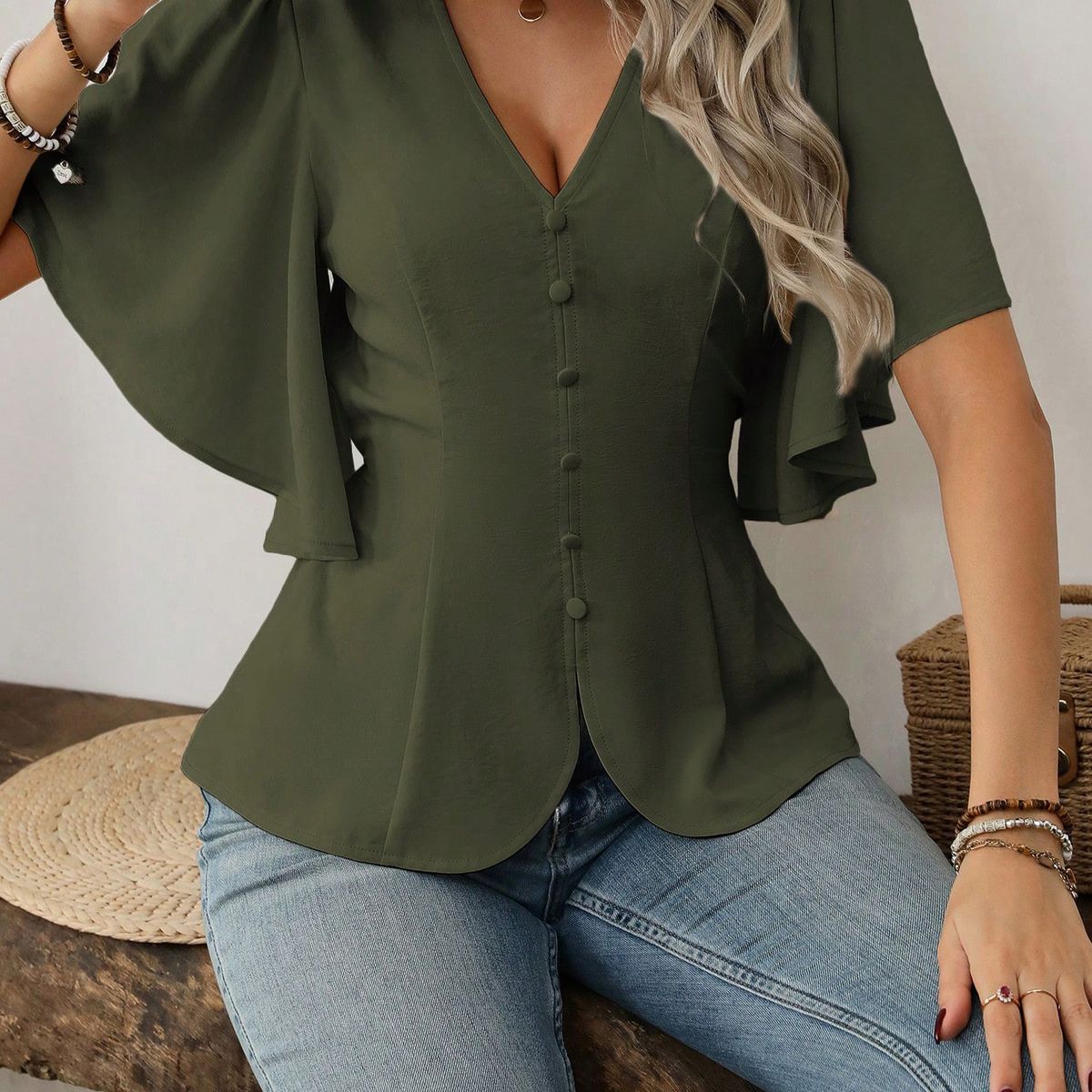 TIOZONEY - Top con cuello en V para mujer