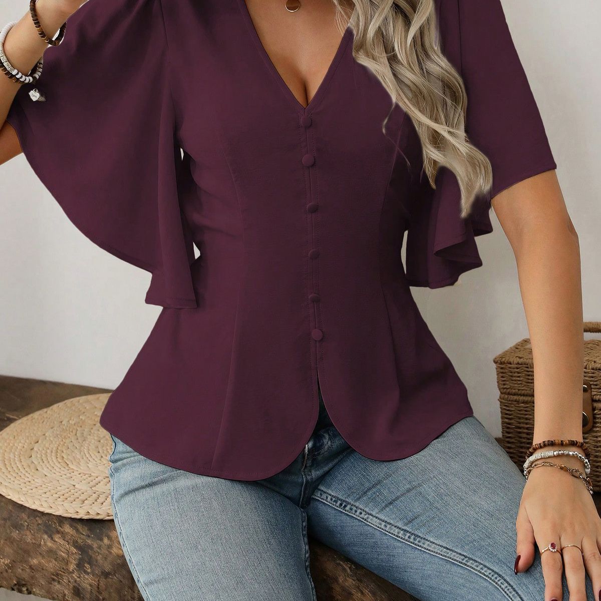 TIOZONEY - Top con cuello en V para mujer