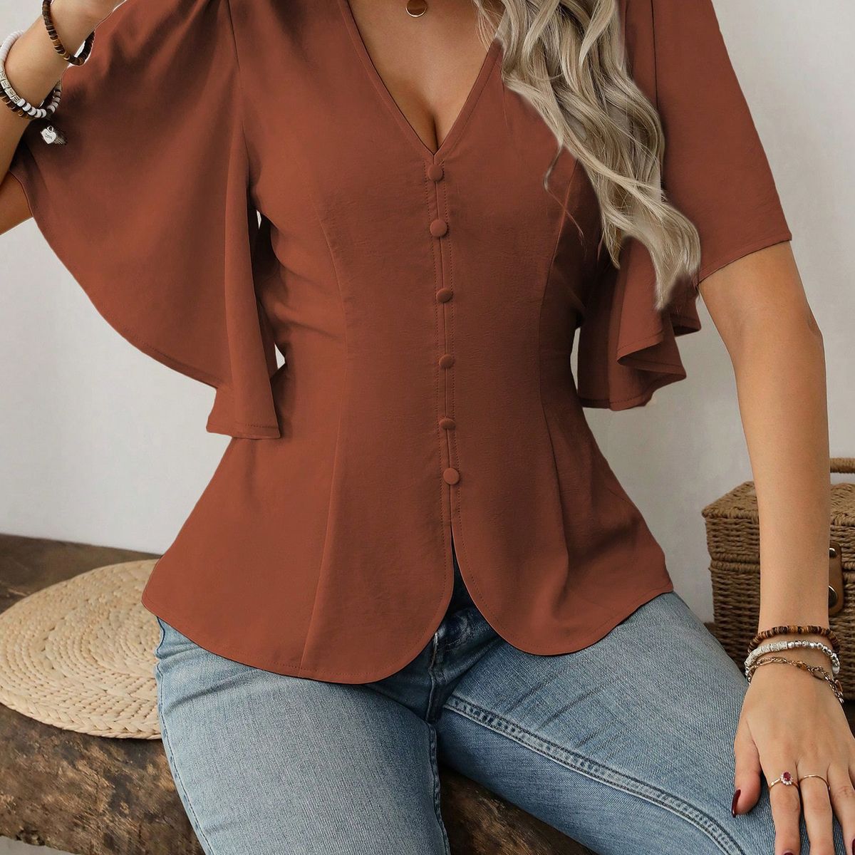 TIOZONEY - Top con cuello en V para mujer