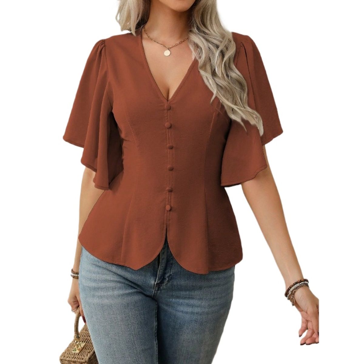TIOZONEY - Top con cuello en V para mujer