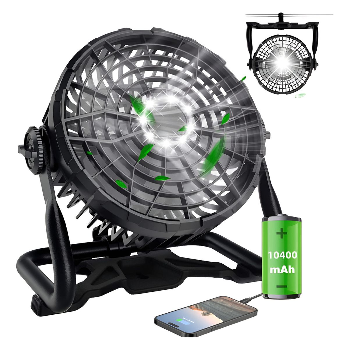 GENERICO - Ventilador Portatil Recargable Usb Linterna Power Bank Color Negro - 220104