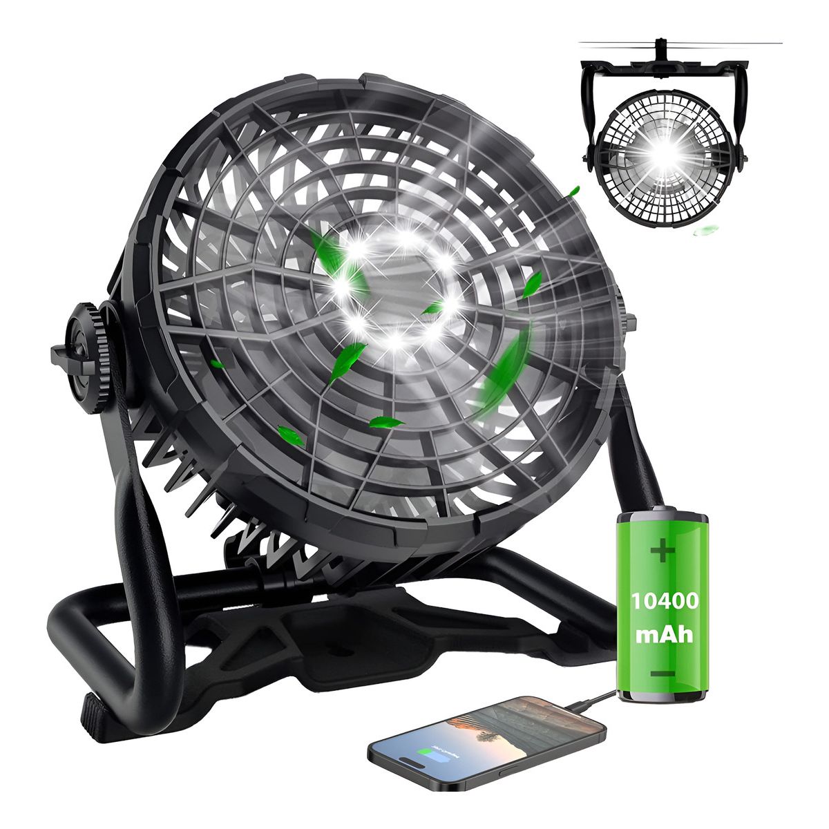 GENERICO - Ventilador Portatil Recargable Usb Linterna Power Bank Color Negro - 220104