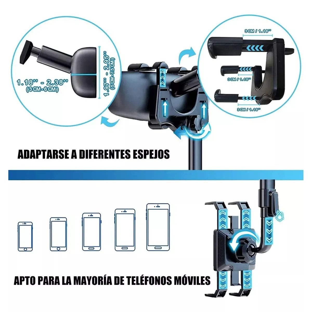 MOVI - Soporte Celular para Auto en Espejo Retrovisor 360°  Ajustable, Plegable y Antideslizante