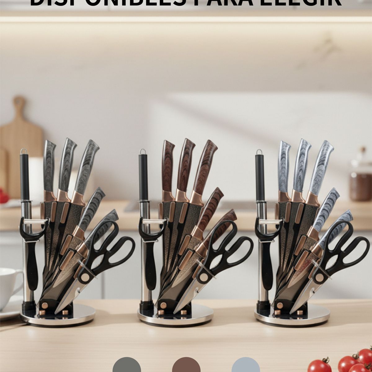 ACTIVISION - Juego de Cuchillos de Cocina 8 Piezas Acero Inoxidable Martillado con Soporte Giratorio