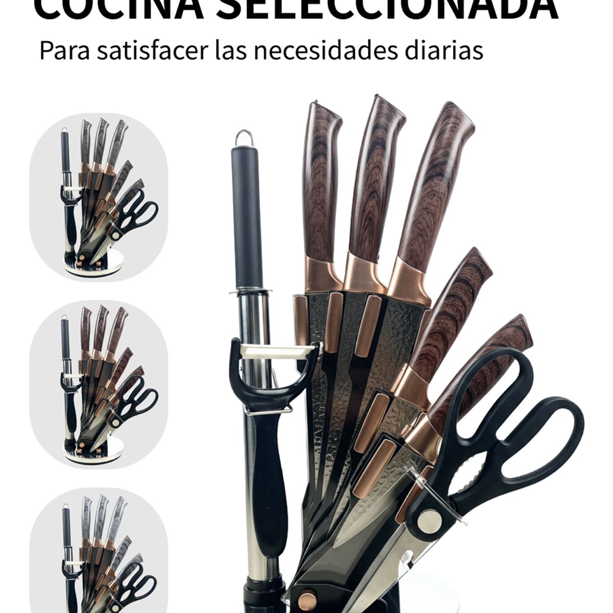 ACTIVISION - Juego de Cuchillos de Cocina 8 Piezas Acero Inoxidable Martillado con Soporte Giratorio