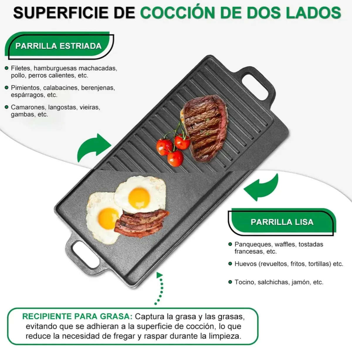 KINDA NICE - 2 En 1 Plancha Churrasquera Reversible Hierro Fundido Sartén