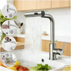 LEFORGE BAIN - Llave Monomando Lavaplatos Extraible 3 Modos Acero Inoxidable 304 Plateado Mate