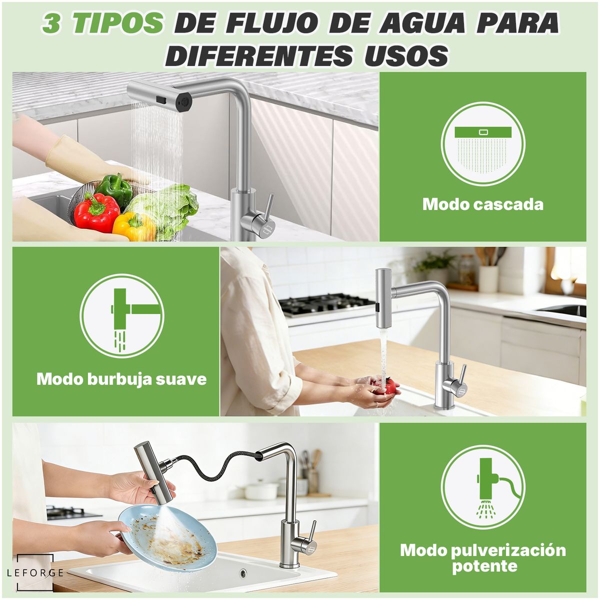 LEFORGE BAIN - Llave Monomando Lavaplatos Extraible 3 Modos Acero Inoxidable 304 Plateado Mate
