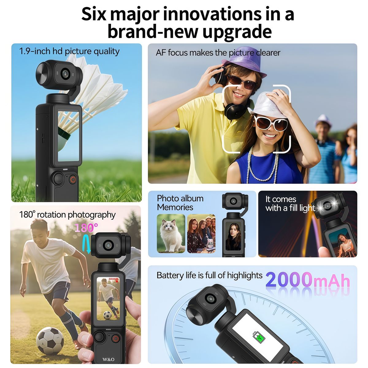 RENVMEXY - Cámara para Vlogs Q7  1080P  Lente giratorio 180°  Luz relleno  Autoenfoque  Type-C