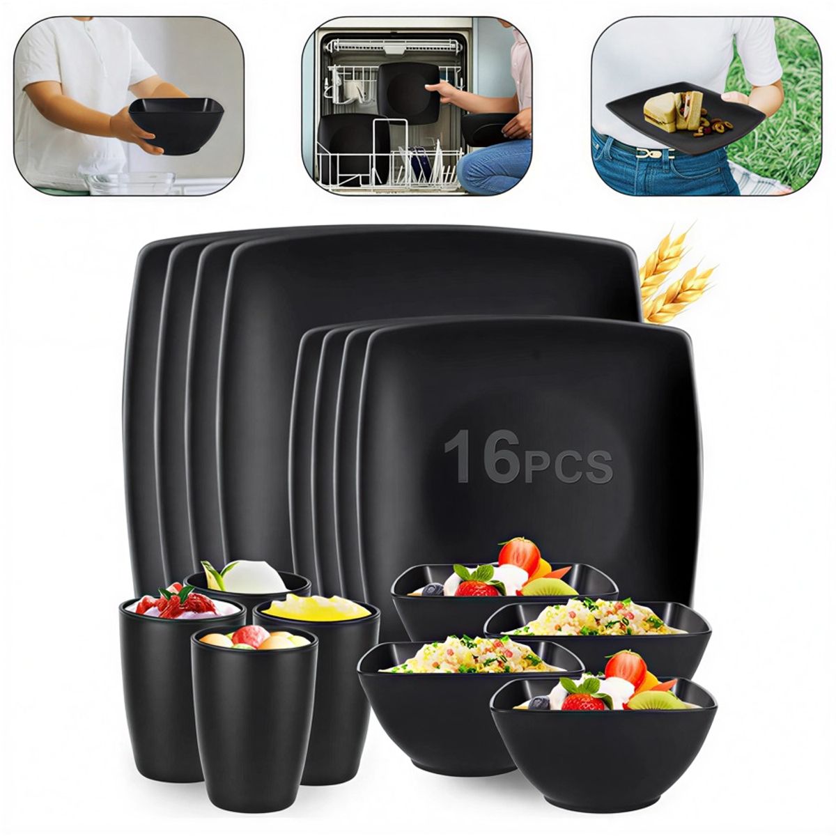 GENERICO - Cuadrada Vajilla Plato Tazas Bol 16set Cocina Paja Trigo