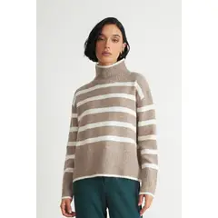 NICOPOLY - Sweater Cuello Alto Rayas Horizontales Khaki