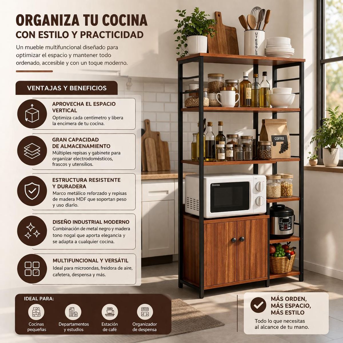 ACTUAL - Mueble Organizador de Cocina Estantes y Gabinete 4 Niveles Estantería Cocina Multifuncional 80x30x128 cm