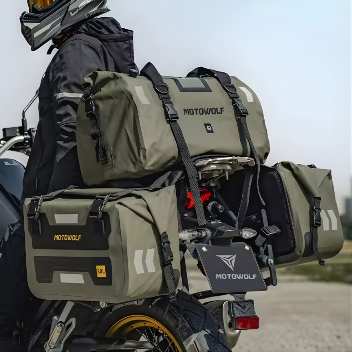 GENERICO - Pack Alforjas Impermeables 30L + Bolso 40L Moto  Kit Viaje 100L Verde militar