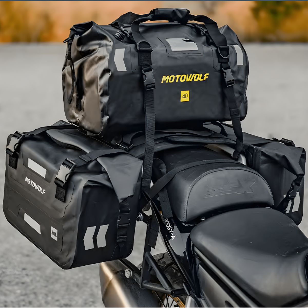 GENERICO - Pack Alforjas Impermeables 30L + Bolso 40L Moto  Kit Viaje 100L NEGRO
