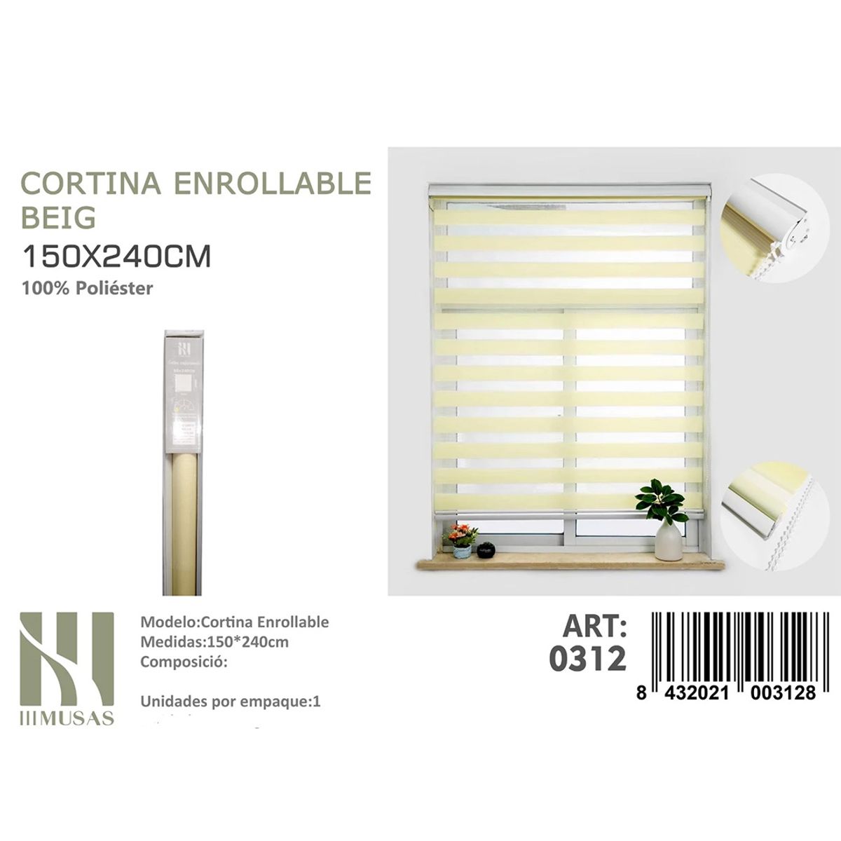 GENERICO - Cortina Roller Duo Lisa 150x240  Cm color Beige