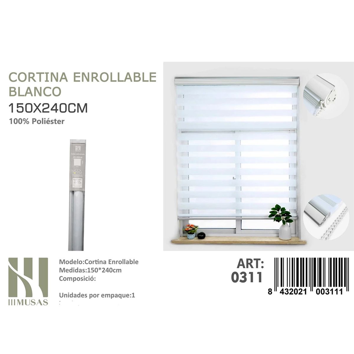 GENERICO - Cortina Roller Duo Lisa 150x240  Cm color Blanco