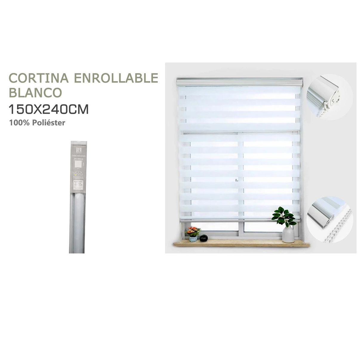 GENERICO - Cortina Roller Duo Lisa 150x240  Cm color Blanco