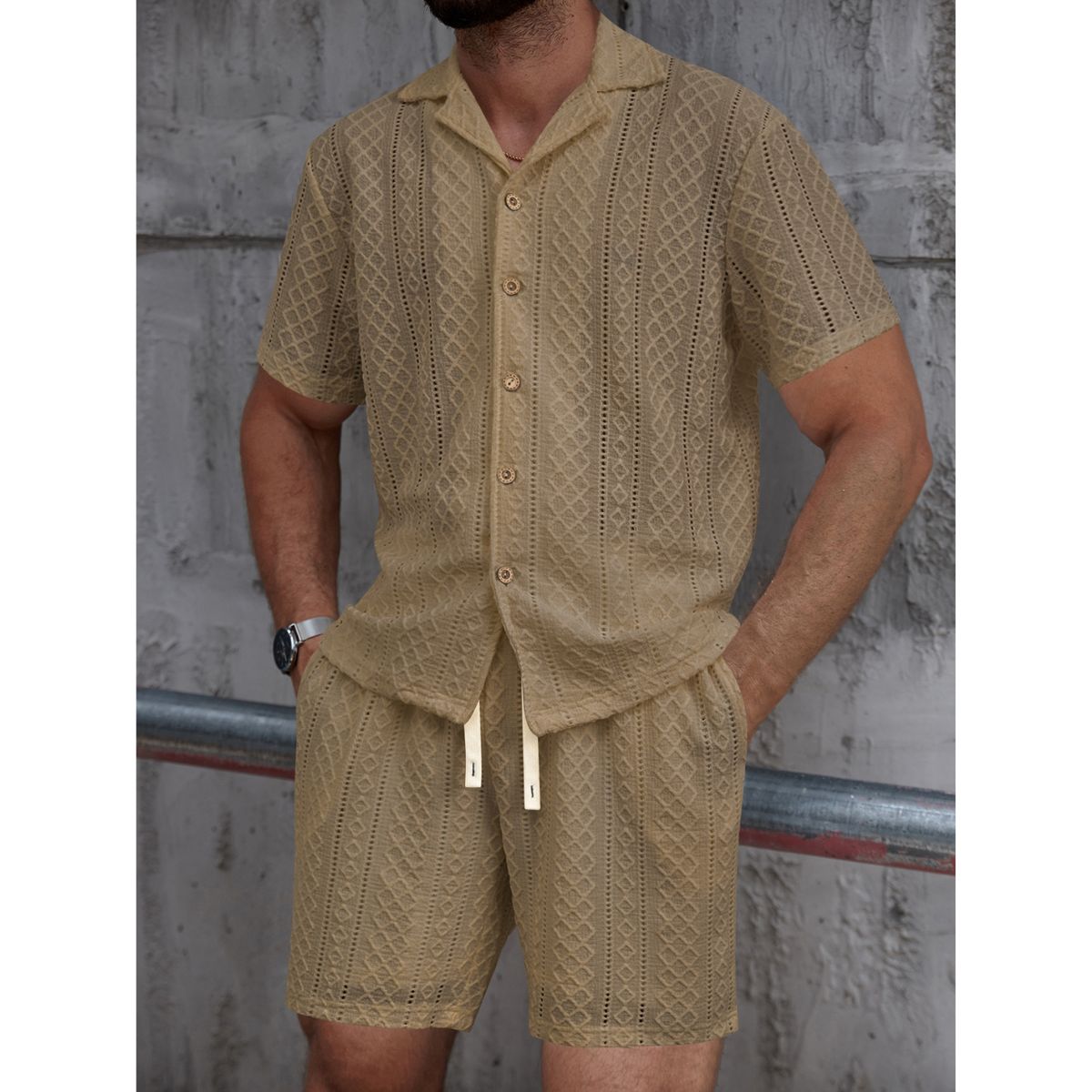 LIKE SHOP - Conjunto Hombre 2 Piezas Short Camisa Textura Tendencia Urbana 0279