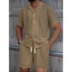 LIKE SHOP - Conjunto Hombre 2 Piezas Short Camisa Textura Tendencia Urbana 0279