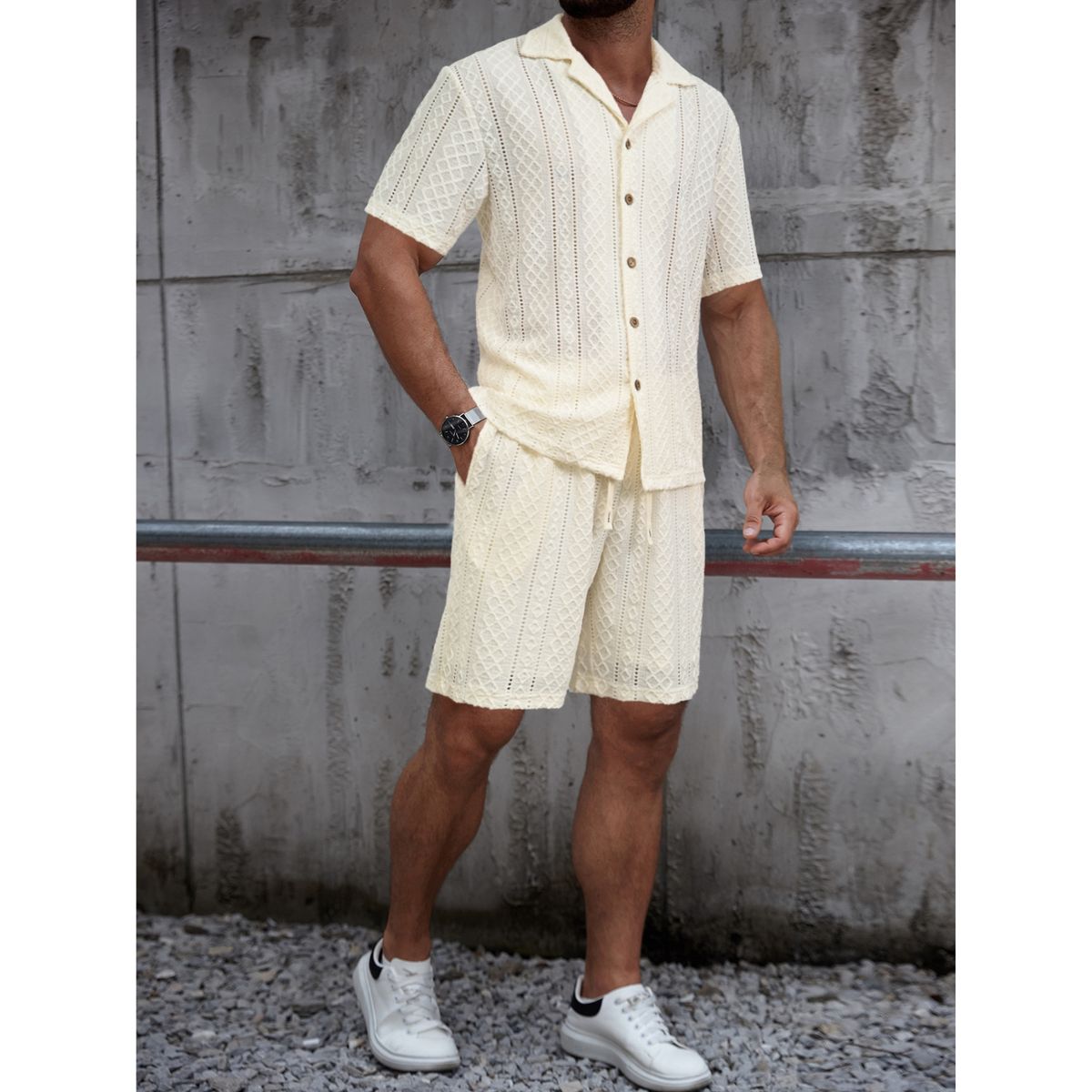 LIKE SHOP - Conjunto Hombre 2 Piezas Short Camisa Textura Tendencia Urbana 0279