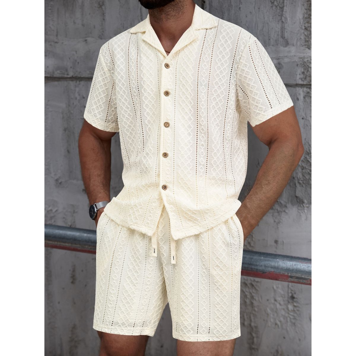 LIKE SHOP - Conjunto Hombre 2 Piezas Short Camisa Textura Tendencia Urbana 0279