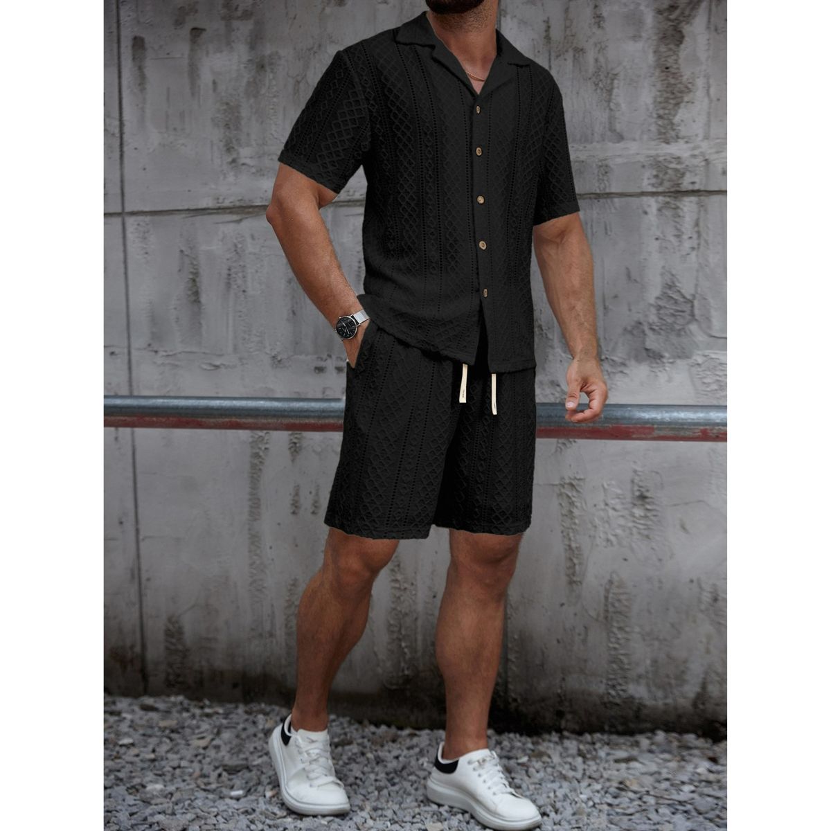 LIKE SHOP - Conjunto Hombre 2 Piezas Short Camisa Textura Tendencia Urbana 0279