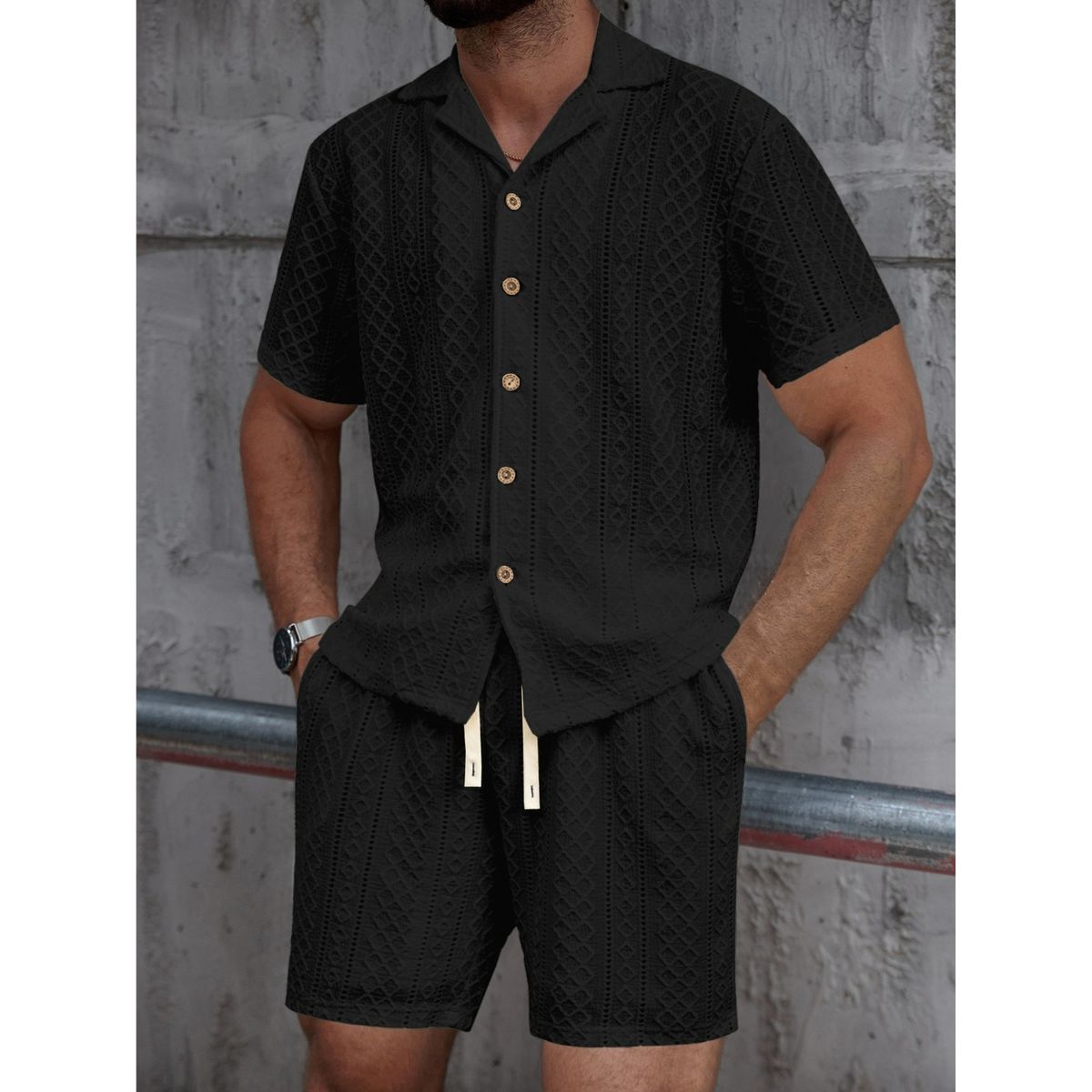 LIKE SHOP - Conjunto Hombre 2 Piezas Short Camisa Textura Tendencia Urbana 0279