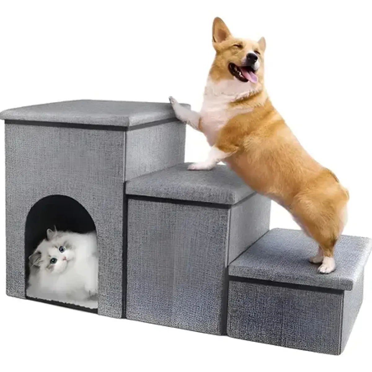 EVERSO - Escalera plegable 3 peldaños para perros y gatos con almacenamiento