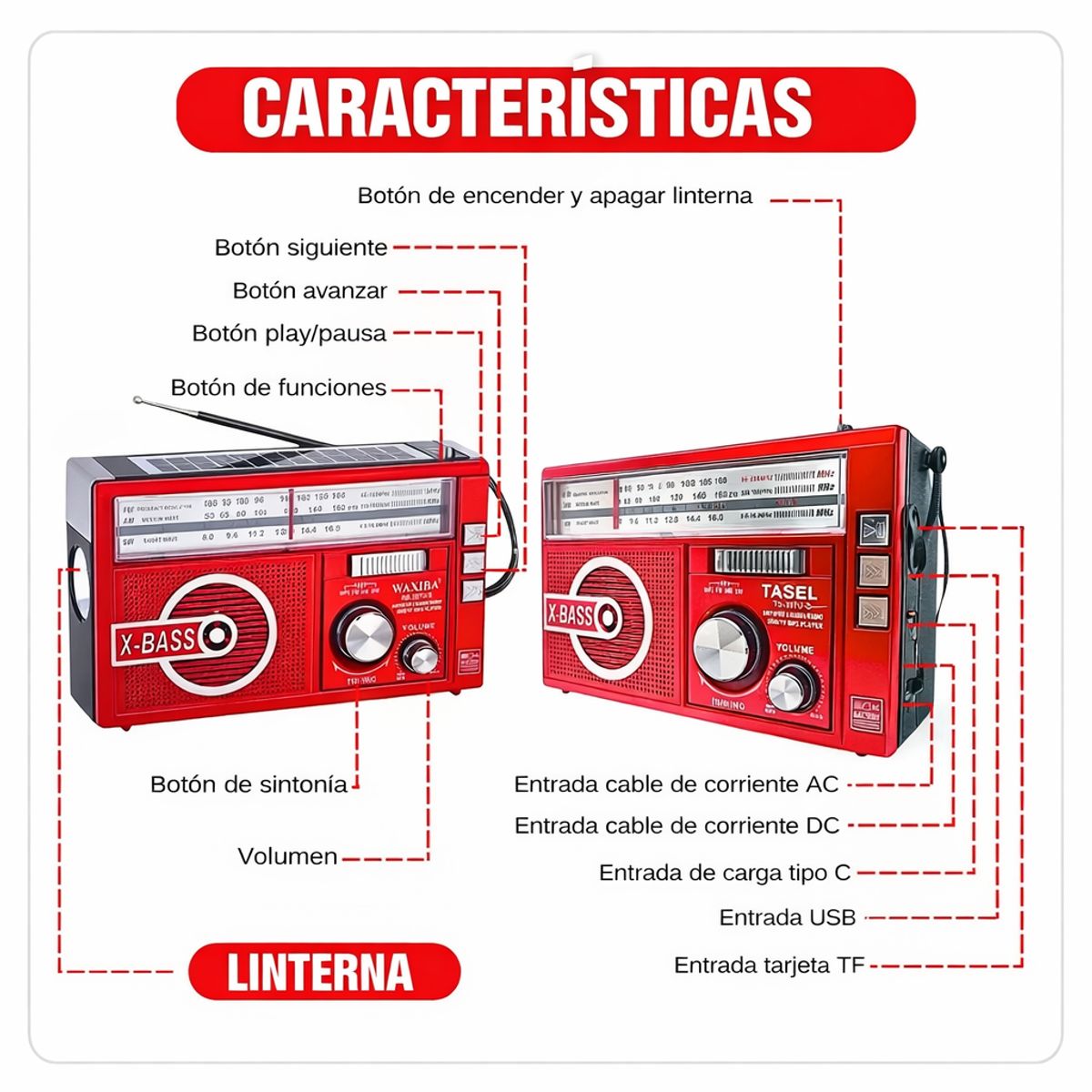 MOVI - Radio AM FM, Con Panel Solar, Linterna, a Pilas y Recargable