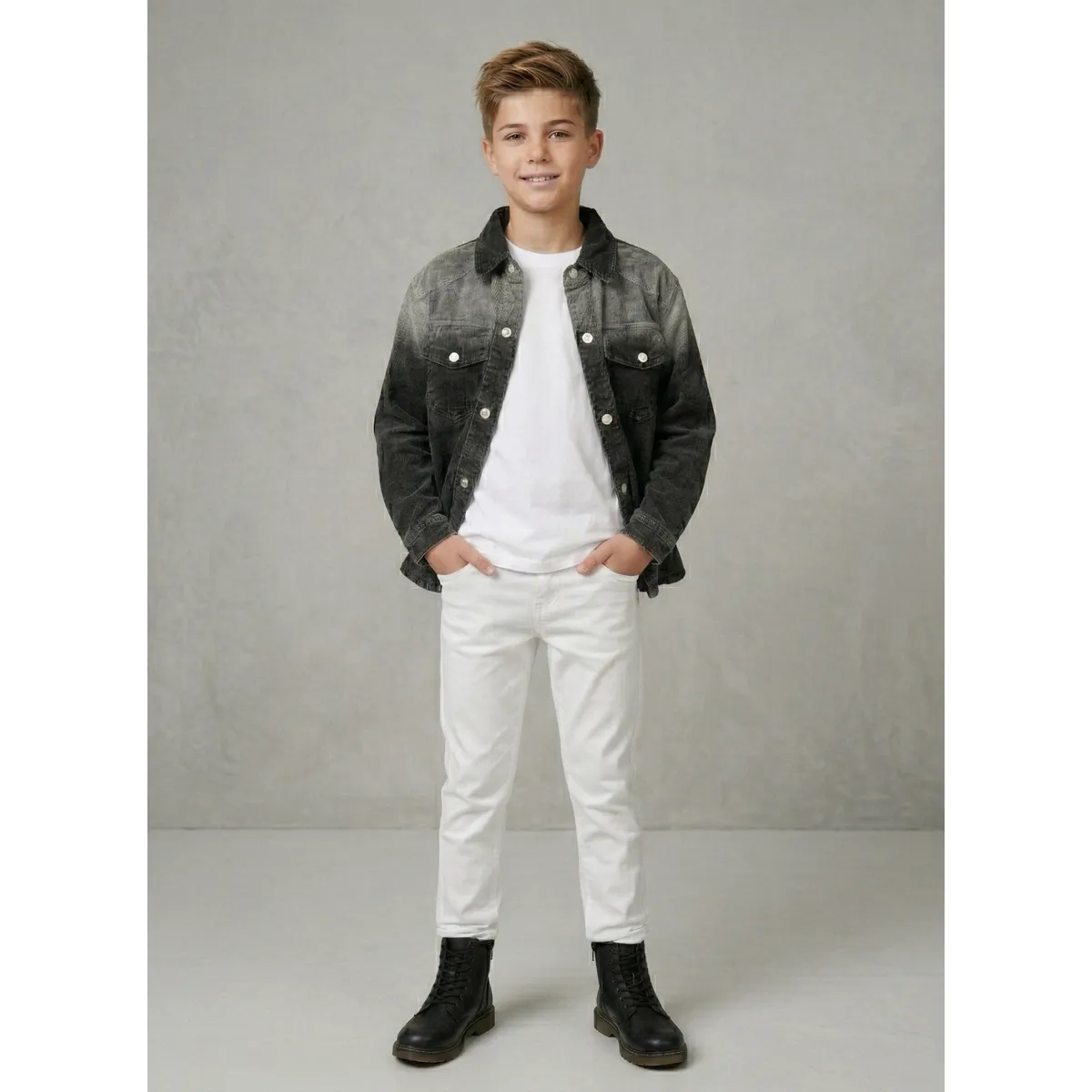 KIBOU - Camisa Denim Niño Negra Manga Larga Casual