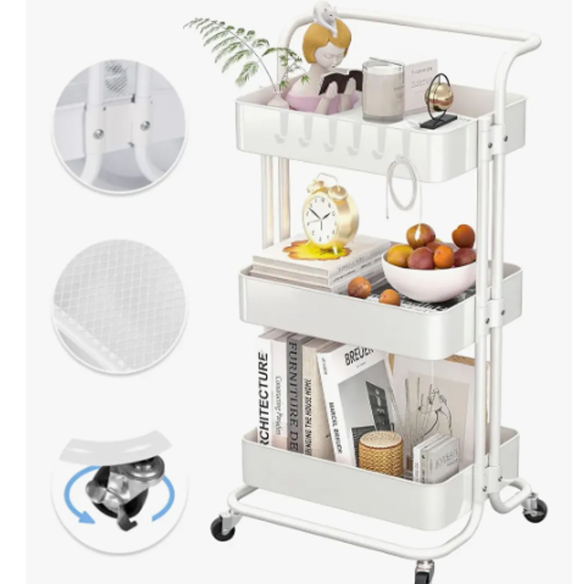GENERICO - Carrito Organizador Metalico Con Asa Ruedas 3 Niveles Blanco