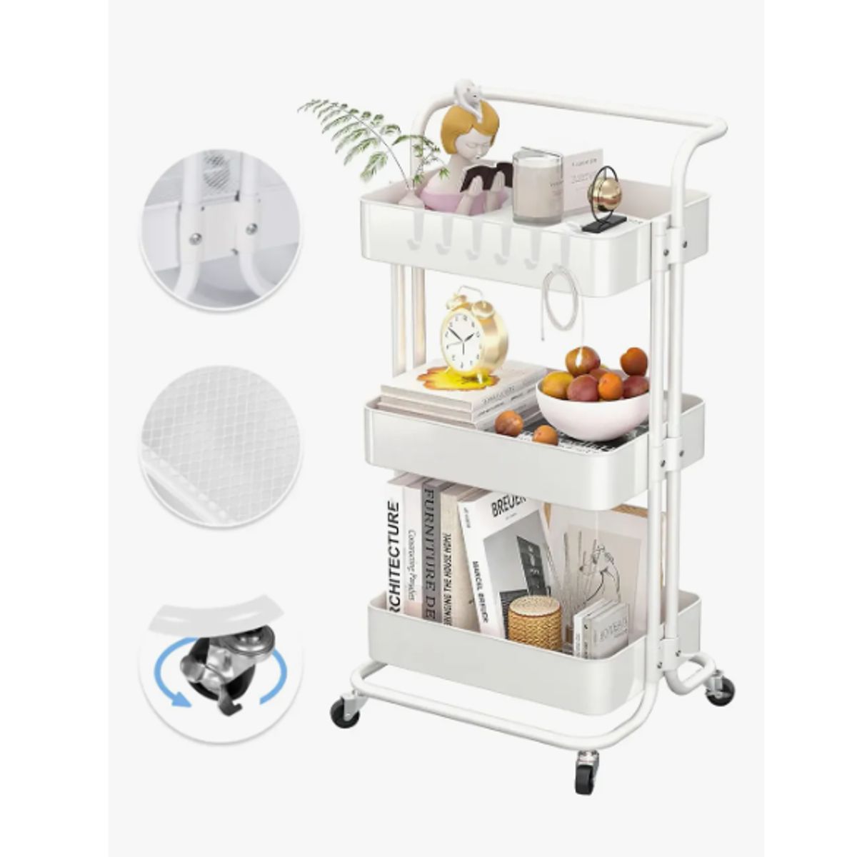 GENERICO - Carrito Organizador Metalico Con Asa Ruedas 3 Niveles Blanco