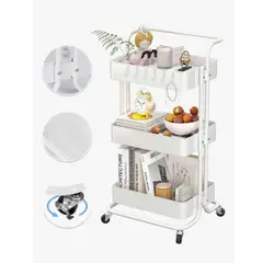 GENERICO - Carrito Organizador Metalico Con Asa Ruedas 3 Niveles Blanco