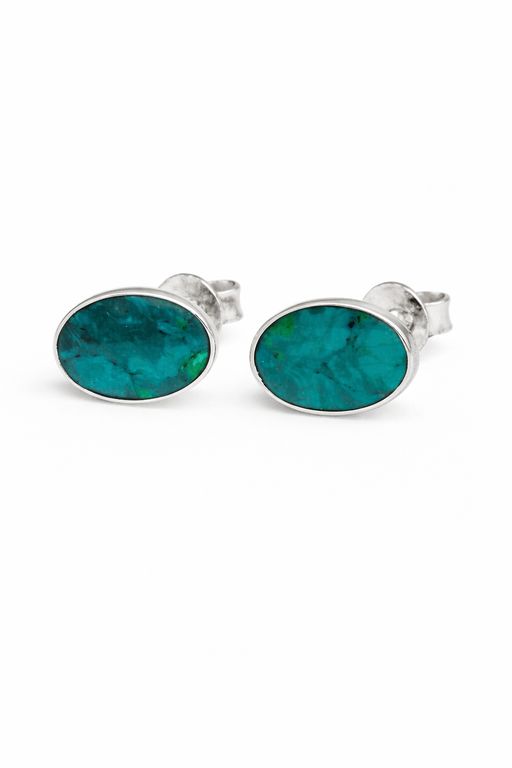 Aros Crisocola Ovalado Plata 950 Tornillo Mariposa Mujer Elegantes Piedra Azul