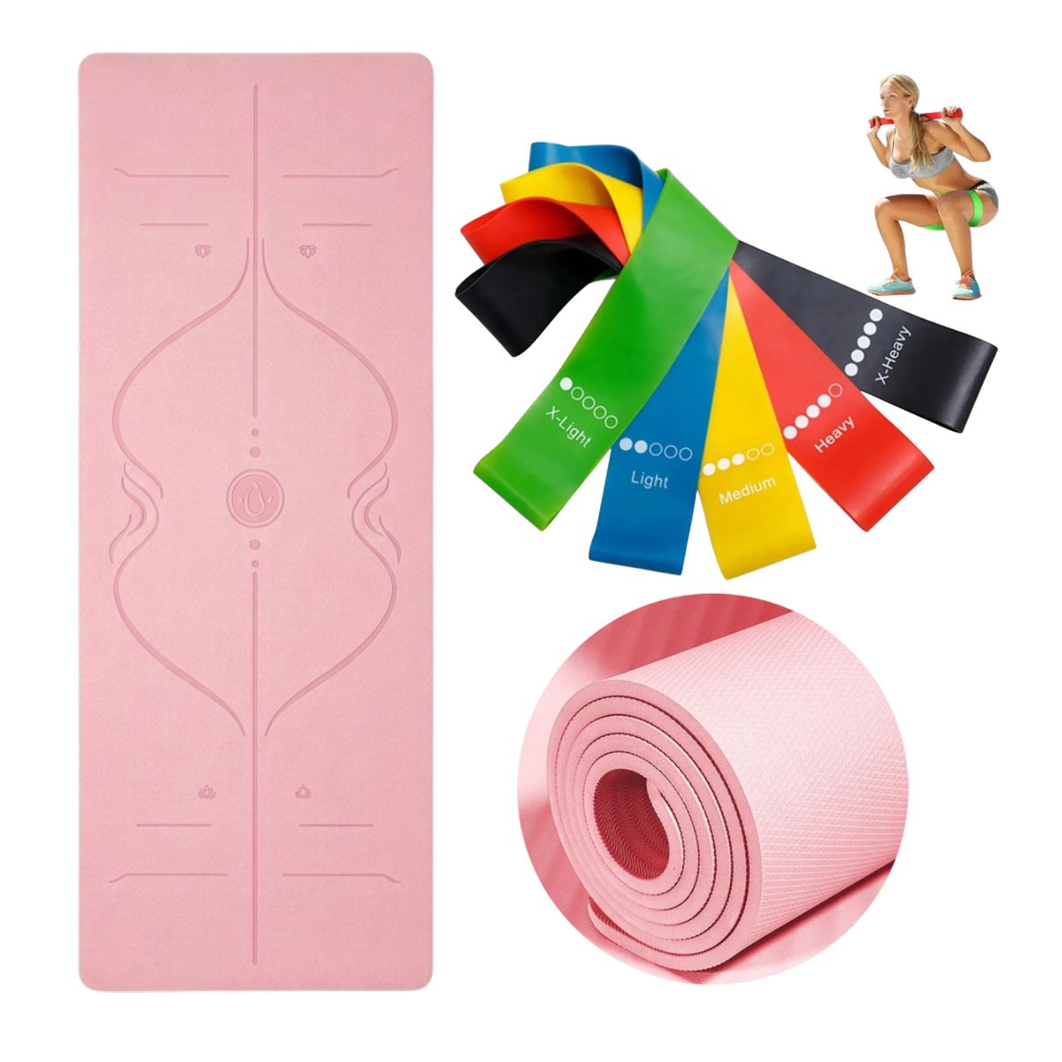 GENERICO - Kit Mat De Yoga 8mm Fitness color rosado más 5 Bandas Elásticas Resistencia