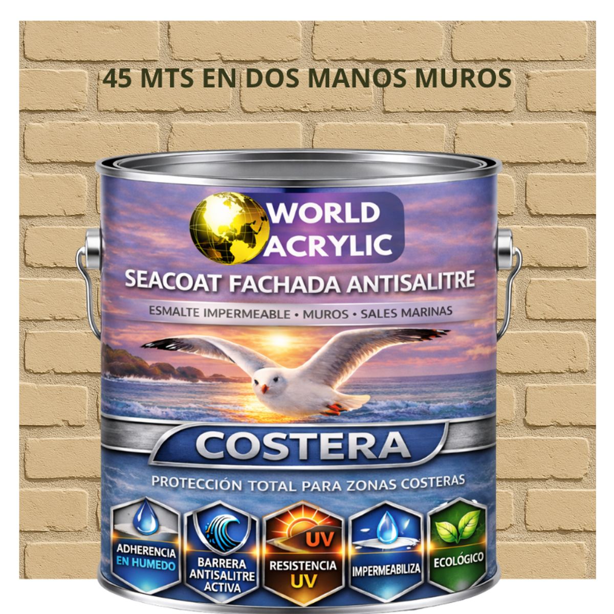 WORLD ACRYLIC - PINTURA MUROS HIDRORREPELENTE - SEACOAT FACHADA ANTISALITRE - BEIGE - GALON