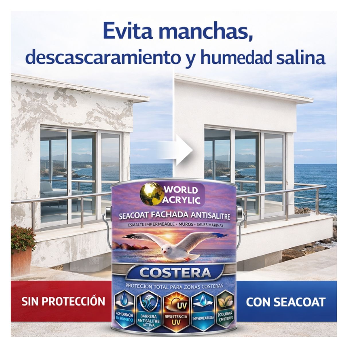WORLD ACRYLIC - PINTURA MUROS HIDRORREPELENTE - SEACOAT FACHADA ANTISALITRE - BEIGE - GALON