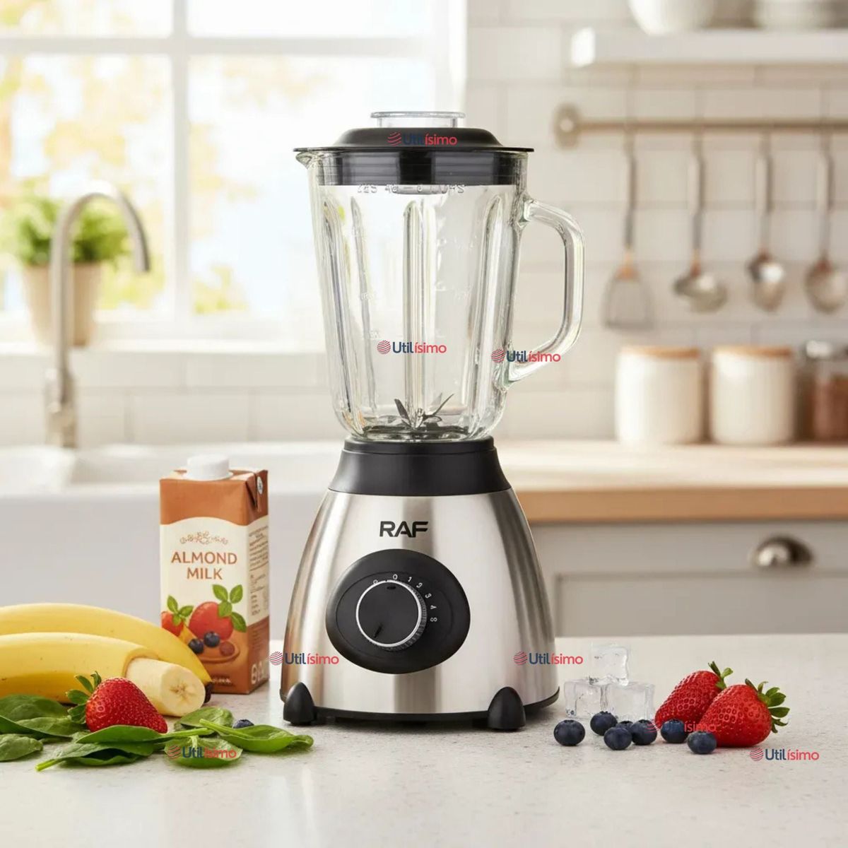 RAF - Licuadora Juguera Multifuncional 2 en 1 Picadora Jarra de Vidrio 1000W