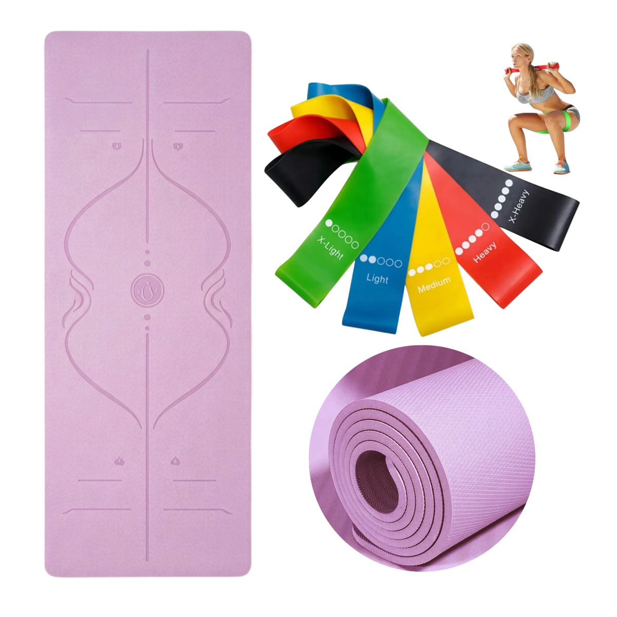 GENERICO - Kit Mat De Yoga 8mm Fitness color Lila más 5 Bandas Elásticas Resistencia