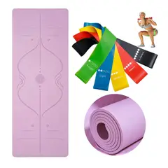 GENERICO - Kit Mat De Yoga 8mm Fitness color Lila más 5 Bandas Elásticas Resistencia