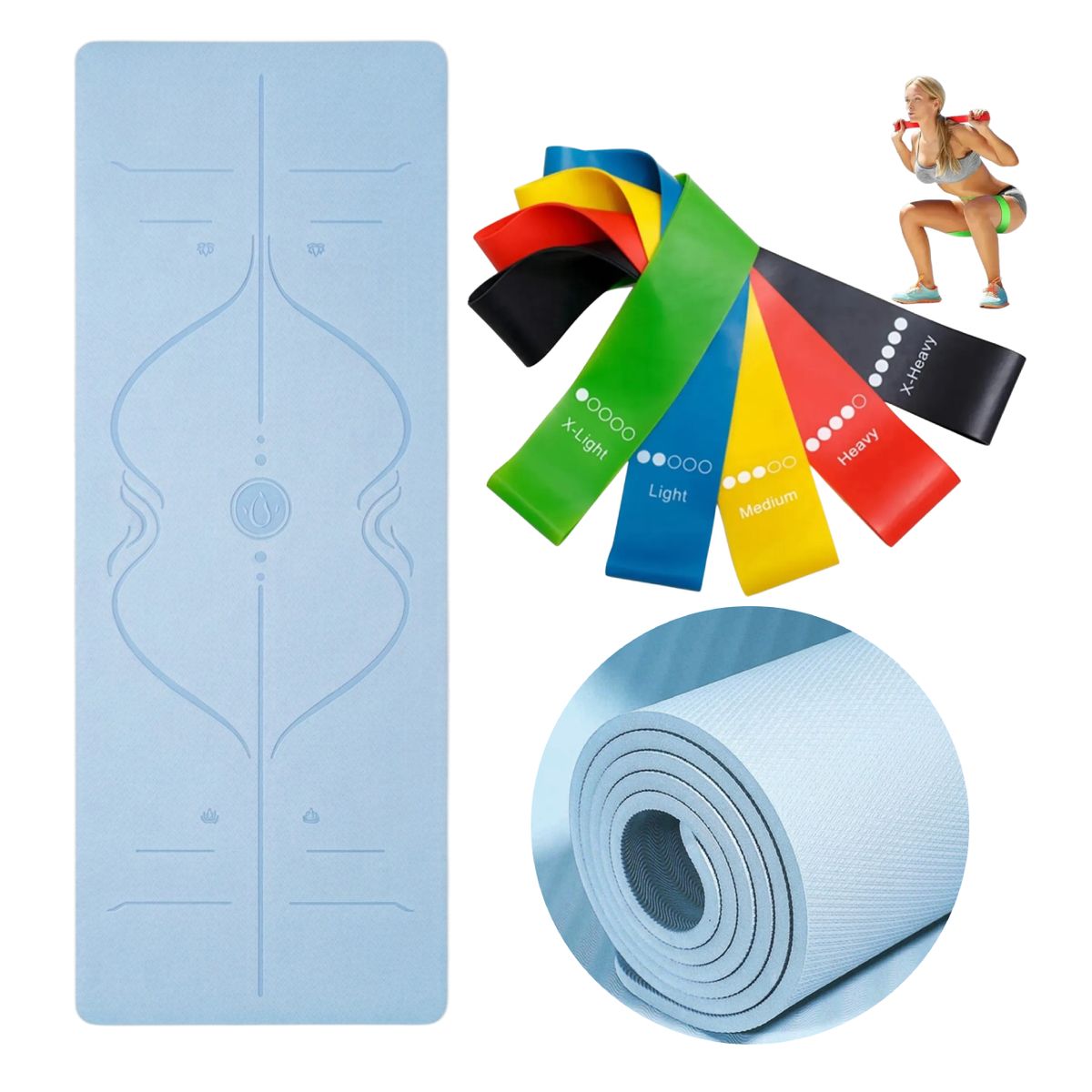GENERICO - Kit Mat De Yoga 8mm Fitness color Azul Claro más 5 Bandas Elásticas Resistencia