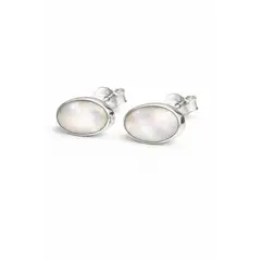 JIREH JOYAS - Aros Nácar Ovalado Plata 950 Tornillo Mariposa Mujer Elegantes Piedra Blanca